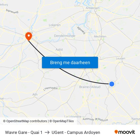 Wavre Gare - Quai 1 to UGent - Campus Ardoyen map