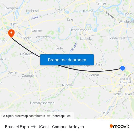 Brussel Expo to UGent - Campus Ardoyen map