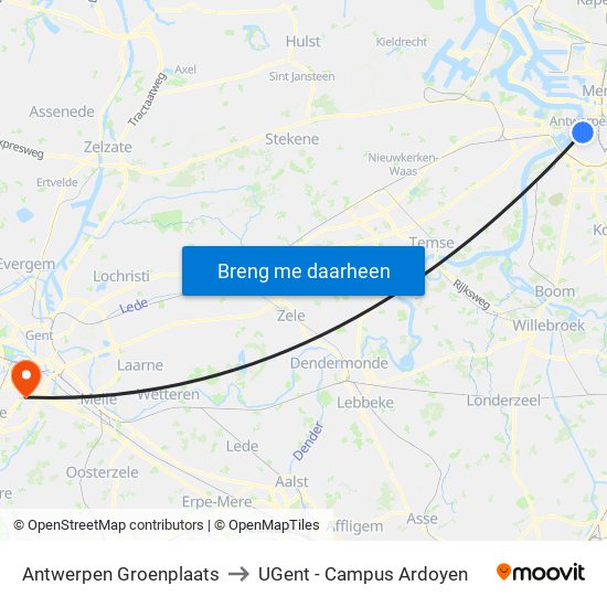 Antwerpen Groenplaats to UGent - Campus Ardoyen map