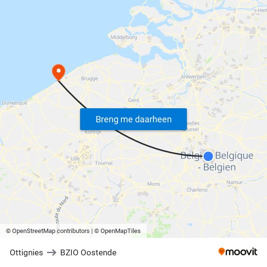 Ottignies to BZIO Oostende map