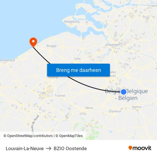 Louvain-La-Neuve to BZIO Oostende map