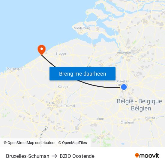 Bruxelles-Schuman to BZIO Oostende map