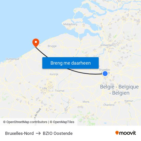 Bruxelles-Nord to BZIO Oostende map