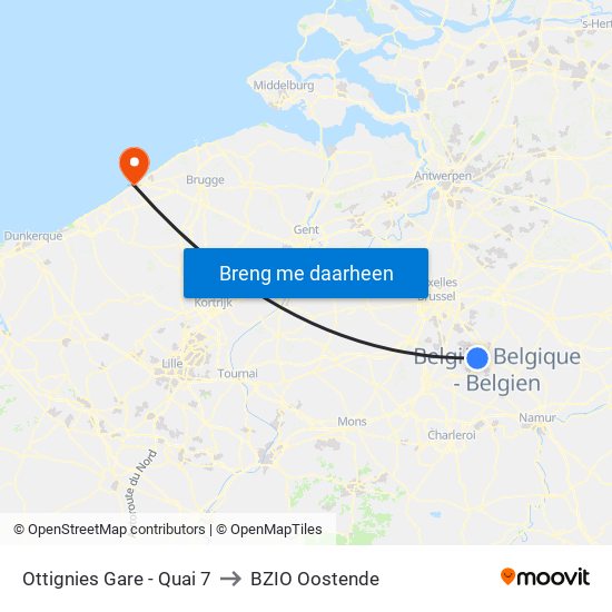 Ottignies Gare - Quai 7 to BZIO Oostende map