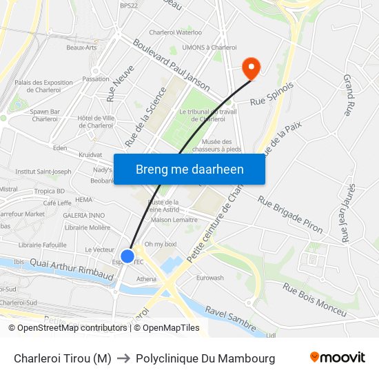 Charleroi Tirou (M) to Polyclinique Du Mambourg map