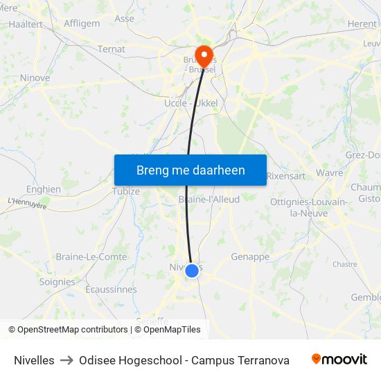 Nivelles to Odisee Hogeschool - Campus Terranova map