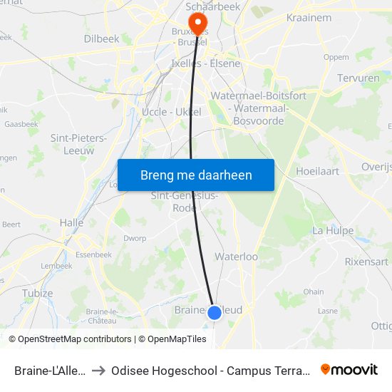 Braine-L'Alleud to Odisee Hogeschool - Campus Terranova map