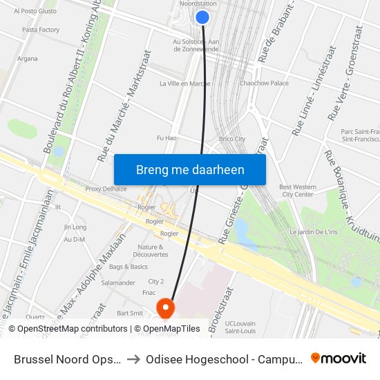 Brussel Noord Opstaphalte to Odisee Hogeschool - Campus Terranova map