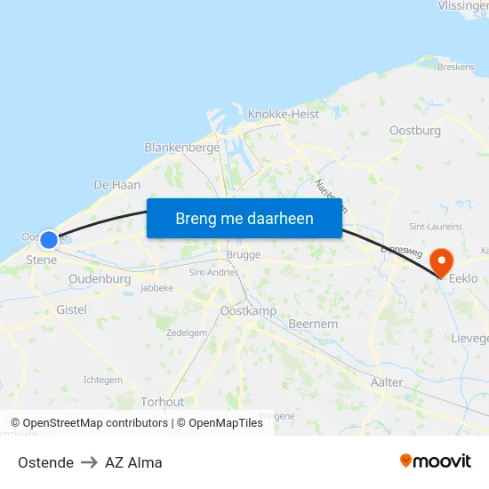 Ostende to AZ Alma map