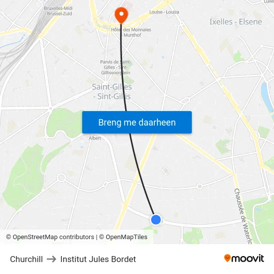 Churchill to Institut Jules Bordet map