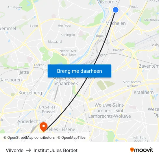 Vilvorde to Institut Jules Bordet map