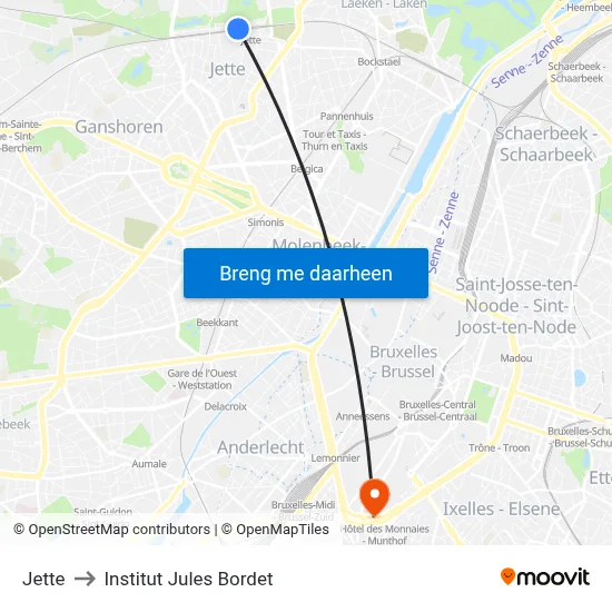 Jette to Institut Jules Bordet map