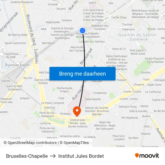 Bruxelles-Chapelle to Institut Jules Bordet map