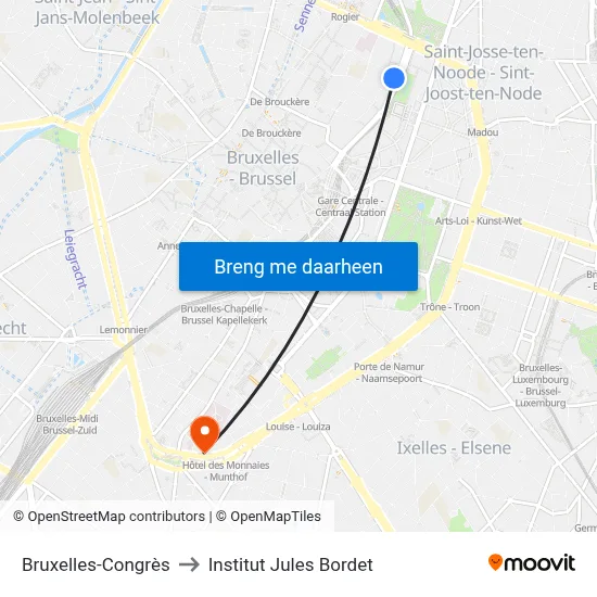 Bruxelles-Congrès to Institut Jules Bordet map