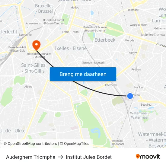Auderghem Triomphe to Institut Jules Bordet map