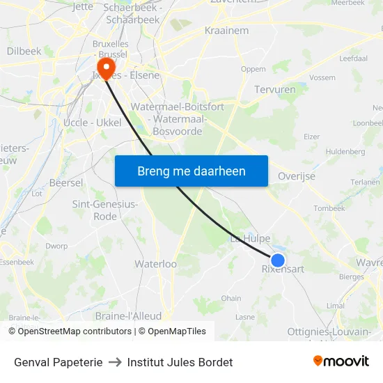 Genval Papeterie to Institut Jules Bordet map