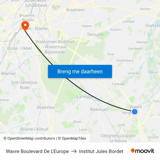 Wavre Boulevard De L'Europe to Institut Jules Bordet map