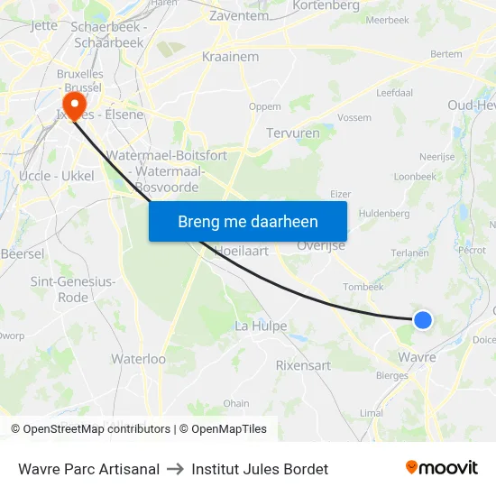 Wavre Parc Artisanal to Institut Jules Bordet map