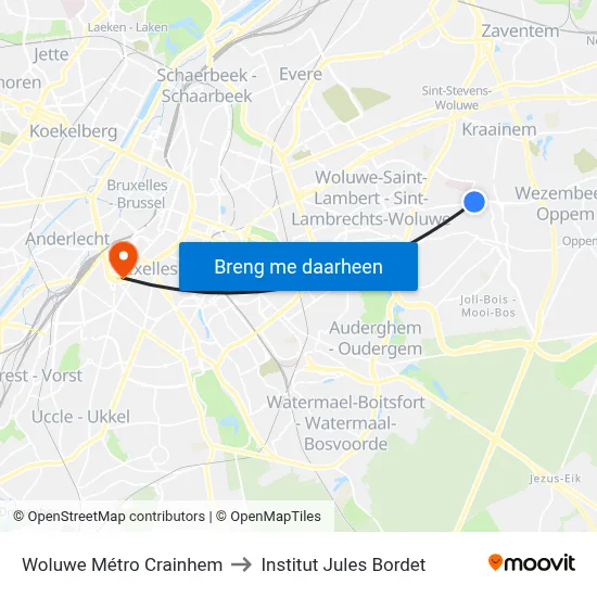 Woluwe Métro Crainhem to Institut Jules Bordet map