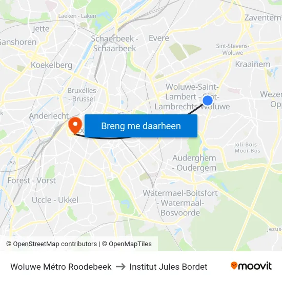 Woluwe Métro Roodebeek to Institut Jules Bordet map