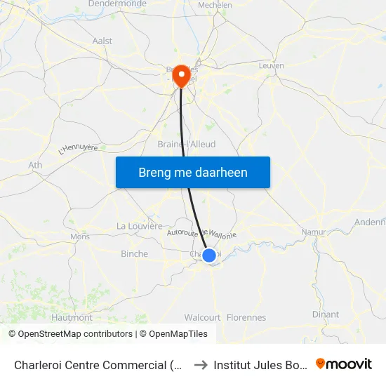 Charleroi Centre Commercial (Ville2) to Institut Jules Bordet map