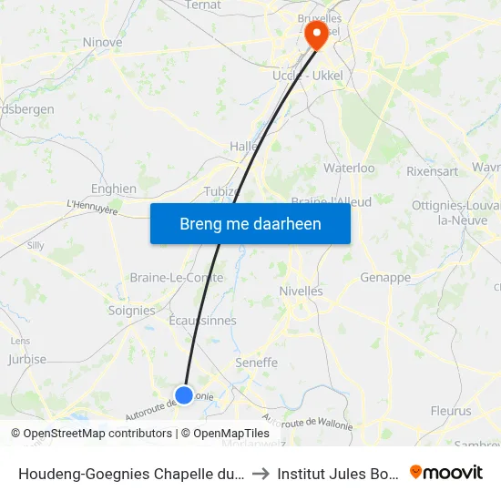 Houdeng-Goegnies Chapelle du Bois to Institut Jules Bordet map