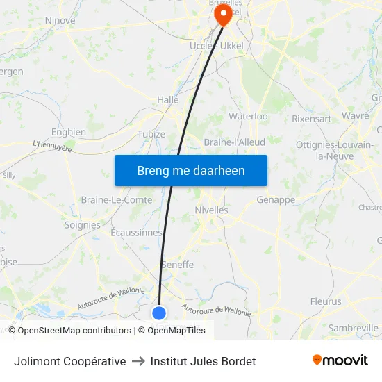 Jolimont Coopérative to Institut Jules Bordet map