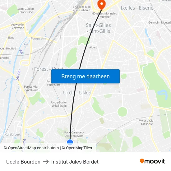 Uccle Bourdon to Institut Jules Bordet map