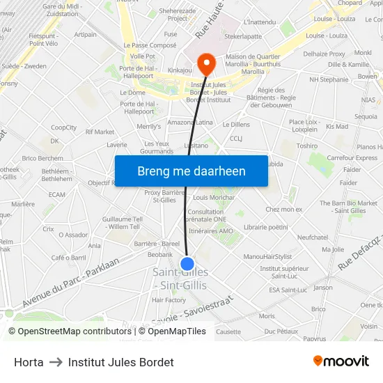 Horta to Institut Jules Bordet map