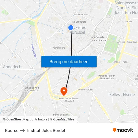 Bourse to Institut Jules Bordet map