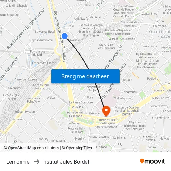 Lemonnier to Institut Jules Bordet map