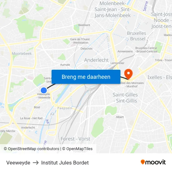 Veeweyde to Institut Jules Bordet map