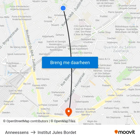 Anneessens to Institut Jules Bordet map