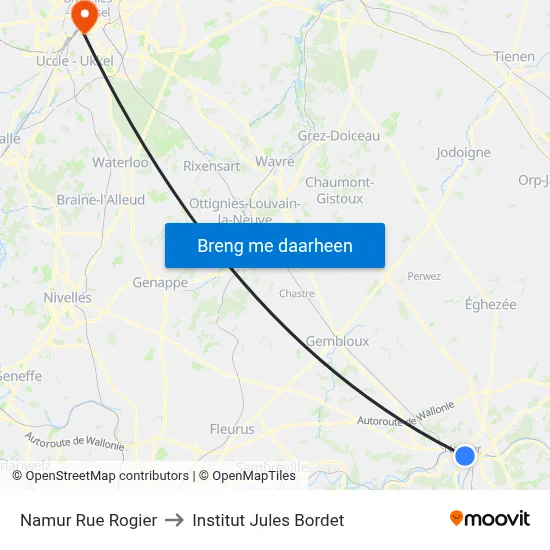 Namur Rue Rogier to Institut Jules Bordet map