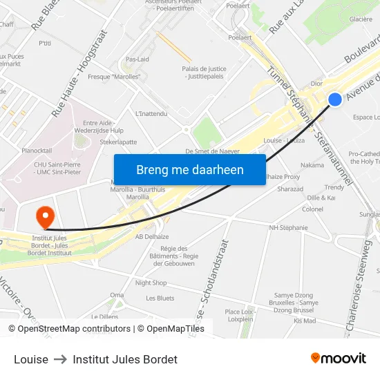 Louise to Institut Jules Bordet map