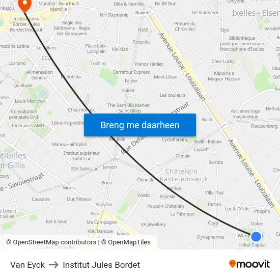 Van Eyck to Institut Jules Bordet map