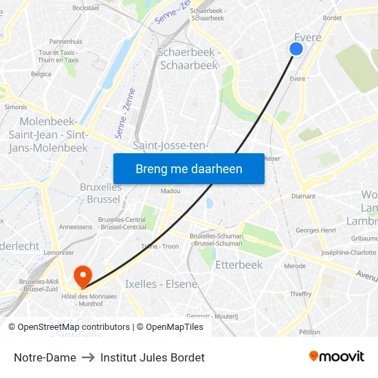 Notre-Dame to Institut Jules Bordet map