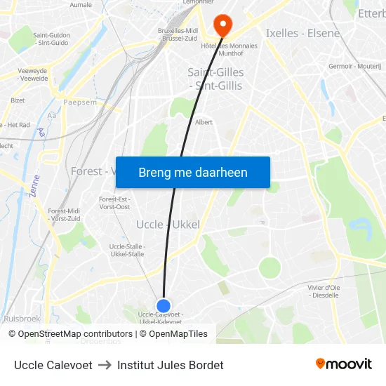 Uccle Calevoet to Institut Jules Bordet map