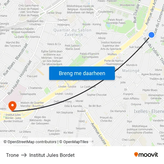 Trone to Institut Jules Bordet map