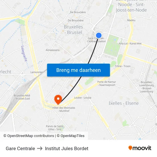 Gare Centrale to Institut Jules Bordet map
