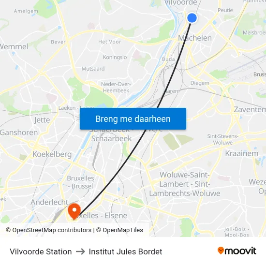 Vilvoorde Station to Institut Jules Bordet map
