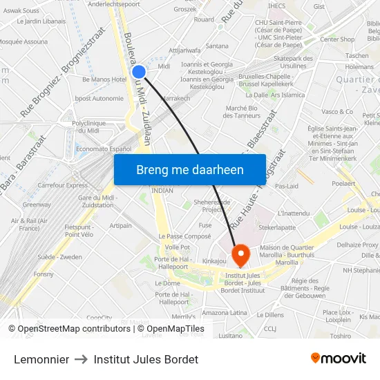 Lemonnier to Institut Jules Bordet map