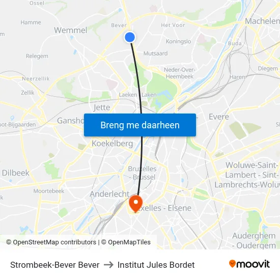 Strombeek-Bever Bever to Institut Jules Bordet map