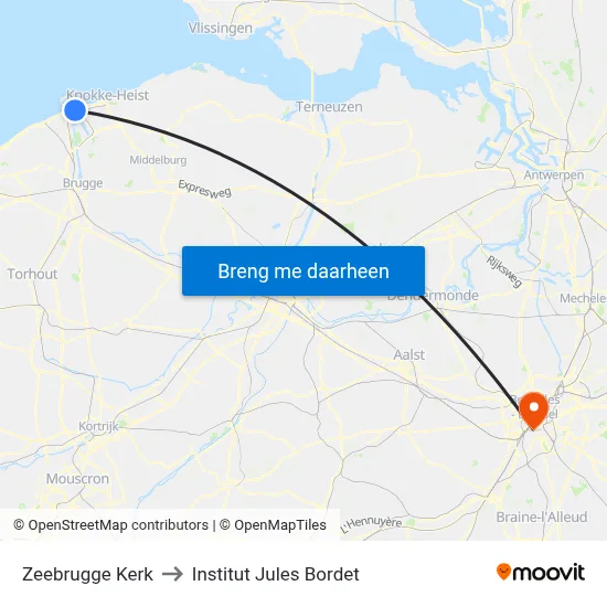Zeebrugge Kerk to Institut Jules Bordet map