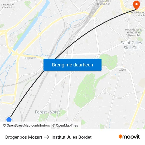 Drogenbos Mozart to Institut Jules Bordet map