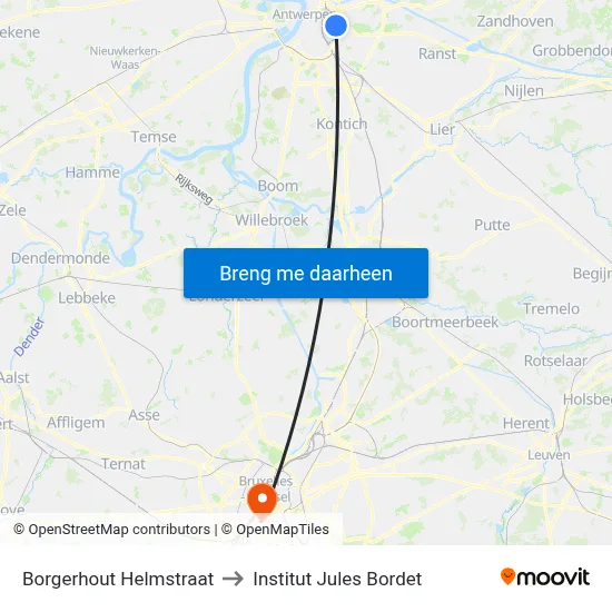 Borgerhout Helmstraat to Institut Jules Bordet map