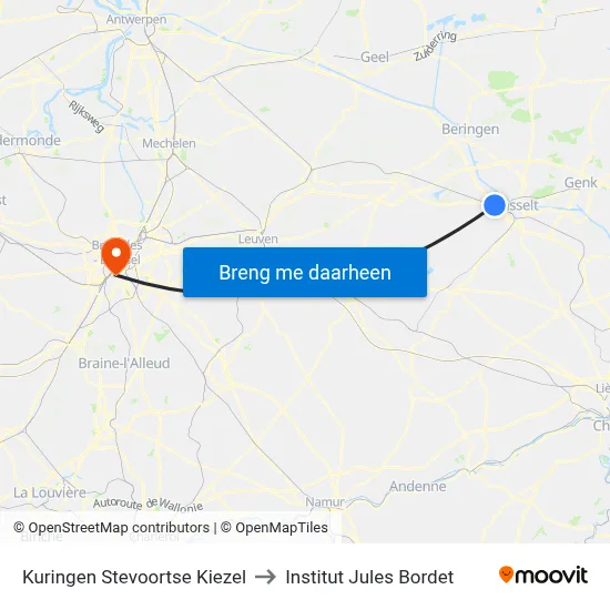 Kuringen Stevoortse Kiezel to Institut Jules Bordet map