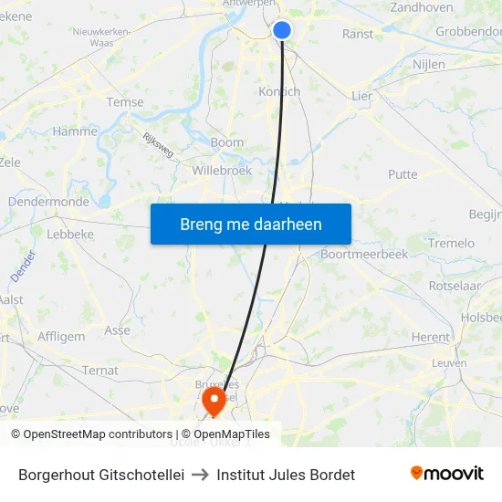 Borgerhout Gitschotellei to Institut Jules Bordet map