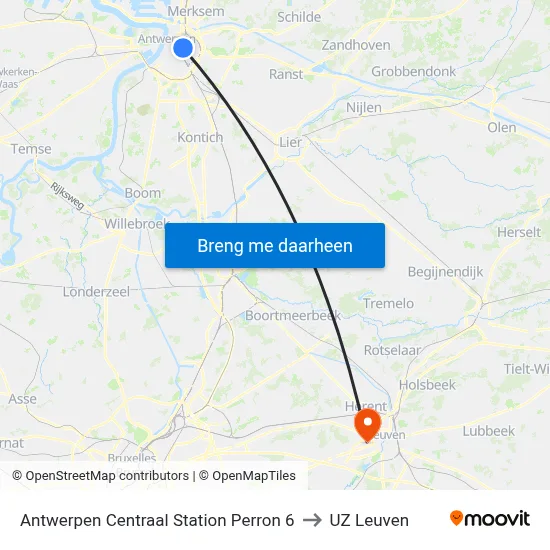 Antwerpen Centraal Station Perron 6 to UZ Leuven map