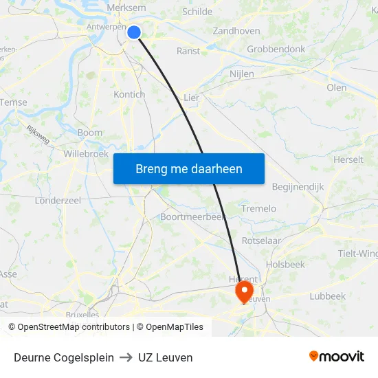 Deurne Cogelsplein to UZ Leuven map